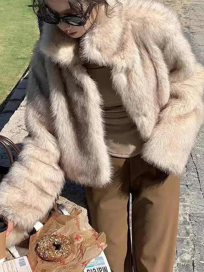 maoxiangshop  -  Vintage Warm Open Fur Coats Women Casual Warm Lapel Solid Faux Fur Overcoats Female Winter Elegant Loose Chic Street Outwear