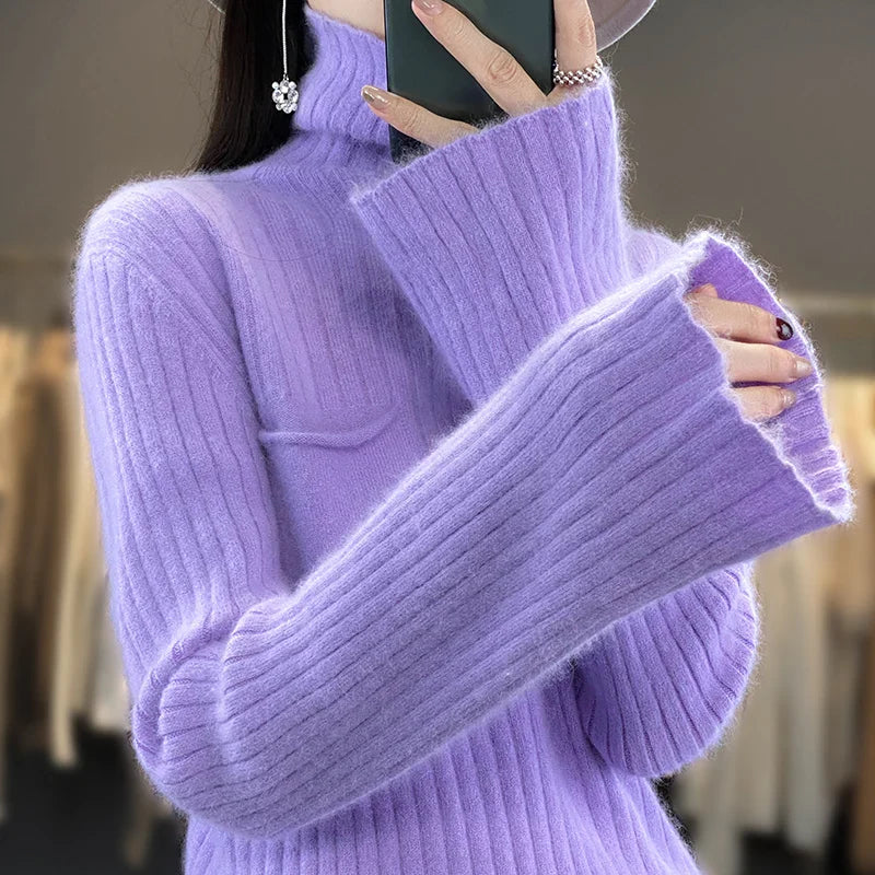 maoxiangshop Pure Mink Cashmere Sweater Women,High Pile Neck Knit Jumper,Wide Strip Large Size Long Sleeves,Autumn,Hot Sale