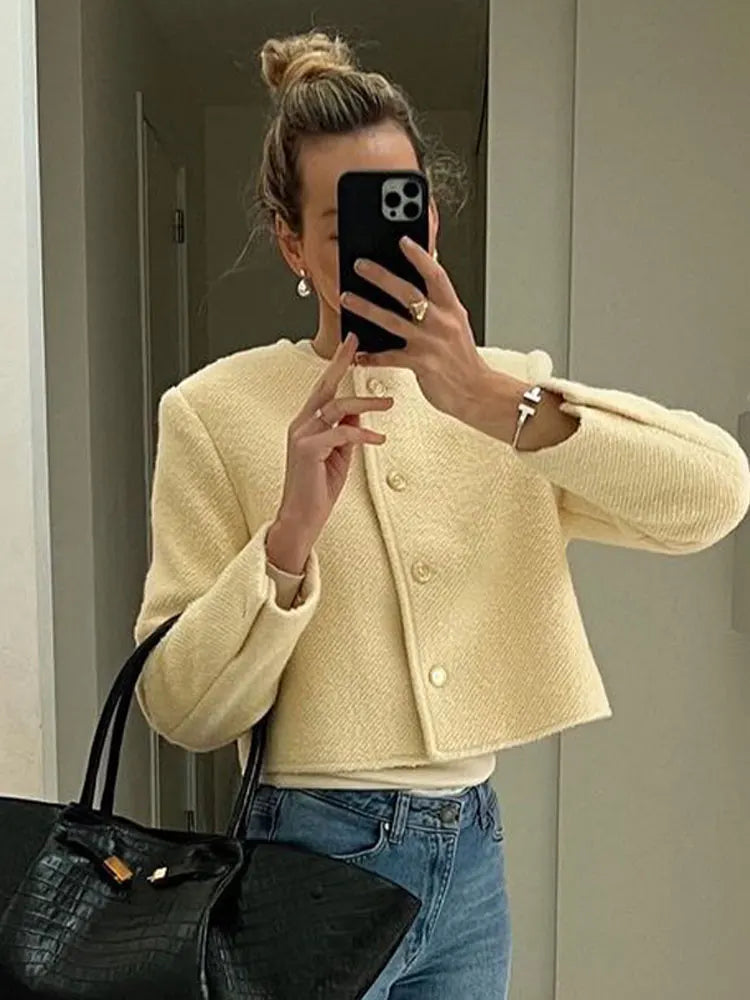 maoxiangshop -  Elegant O Neck Woolen Jacket For Women Casual Loose Long Sleeve Warm Coat Female Fashion Autumn Chic Office Lady Streetwear