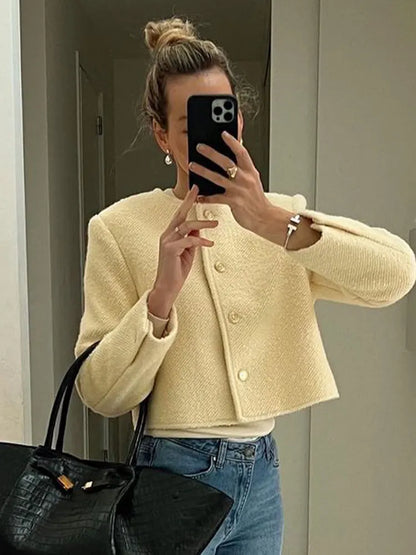 maoxiangshop -  Elegant O Neck Woolen Jacket For Women Casual Loose Long Sleeve Warm Coat Female Fashion Autumn Chic Office Lady Streetwear