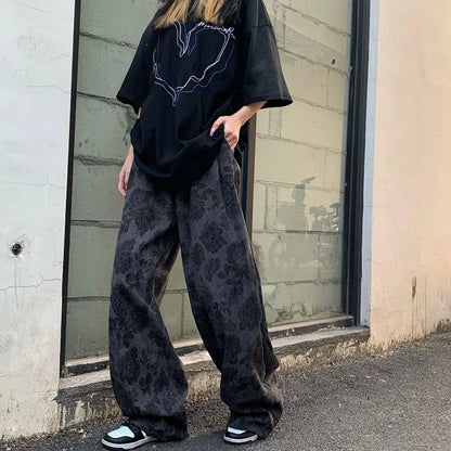 Lucyever Summer Thin Retro Corduroy Pants Women Harajuku Printed Baggy Wide Leg Trousers Teen High Street Unisex Hip Hop Pants