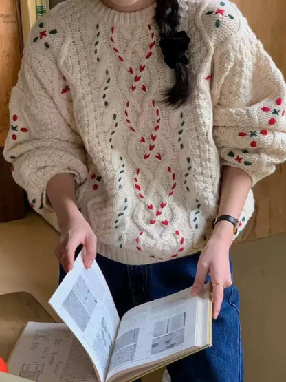 maoxiangshop  -  Korean Fashion Jacquard Sweater Women Round Neck Long Sleeve Knitted Pullover Autumn Winter Simple Casual Chic Jumper 2024 New