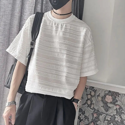 maoxiangshop Striped Mesh T-shirts for Men Beach Short Sleeve Tee Male Summer Translucent Breathable Tops O-neck Casual Streetwear