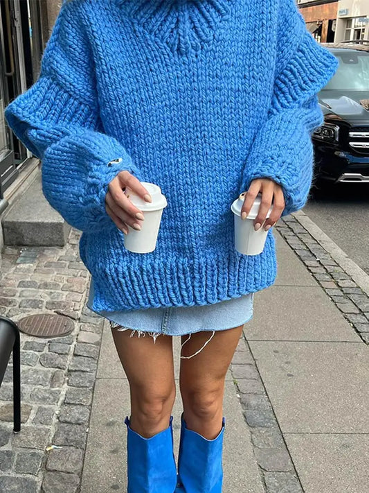 maoxiangshop  -  Women Solid Knit Turtleneck Pullover Lantern Sleeve Thick Warm Oversized Loose Top Sweater Fall Winter Female Knitwear