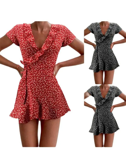 maoxiangshop Summer Women’s Floal A-Line Dress Sweet Elegant Floral Ruffles V-neck Bandage Short Dress for Lady Chic Flowers Mini Dress