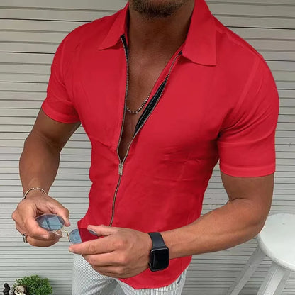 maoxiangshop Men's Light Business Office Casual Zipper Short Sleeve Shirt Slim Fit Solid Color Lapel Cardigan Fashion Tops