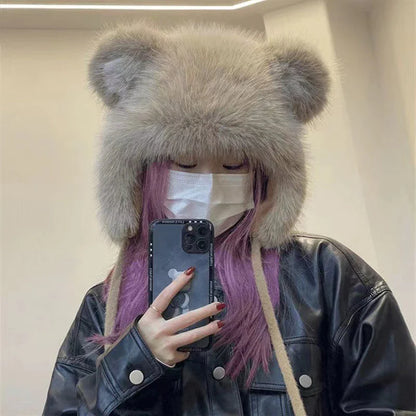 maoxiangshop  -  Winter Bear Ears Hat with Strap Pompom Women Fluffy Fur Fleeze Ear Protection Beanies Outdoor Windproof Cold Warm Plush Bonnet