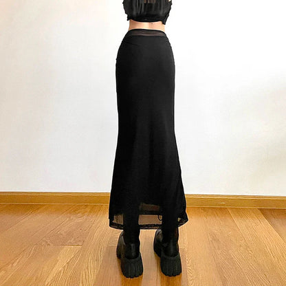 Y2K Black Long Skirts Women Harajuku Sexy Mesh Patchwork Wrap Skirt Summer Gothic Korean High Waist Slim A Line Faldas New