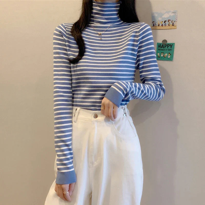 maoxiangshop Women's Striped Turtleneck Sweater Autumn and Winter Knit Sweater Women's Long Sleeve Striped Sweater Turtleneck Sweater