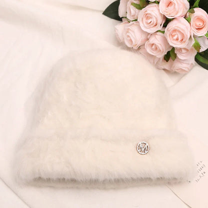 maoxiangshop New Fashion Rabbit Fur Y2k Beanies for Women Soft Warm Fluffy Angola Winter Hat Female Windproof Bonnet Hat Skullies Cap