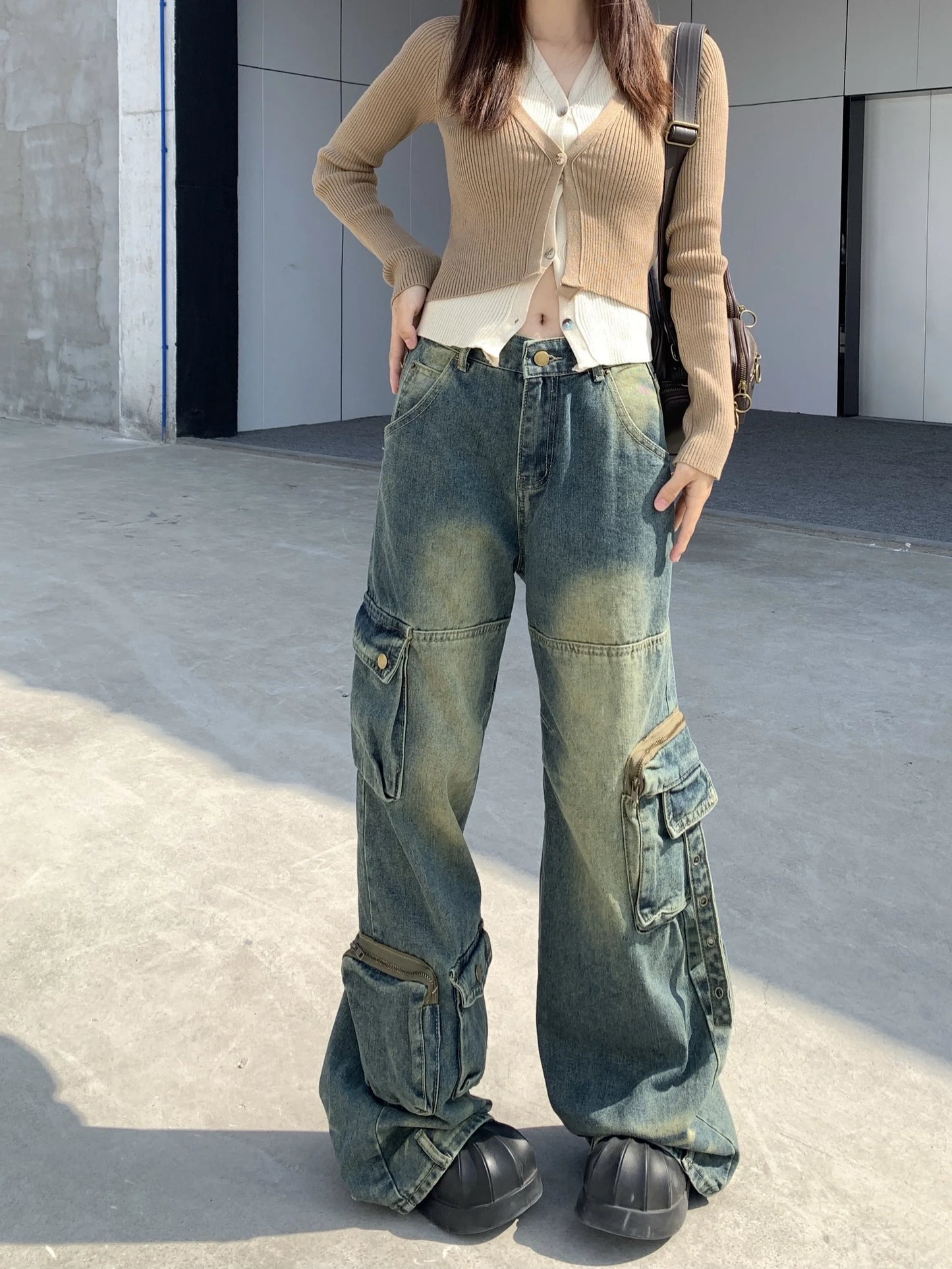 maoxiangshop Autumn Winter New Ladies Cargo Jeans American Street Style Baggy Cargo Pants Women Blue Multi-pocket Wide Leg Jeans for Women