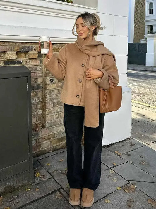 maoxiangshop  -  Chic Scarf Collar Women Short Coats Women Casual Single Breasted Long Sleeve Jackets 2024 Autumn New Lady High Street Outerwear