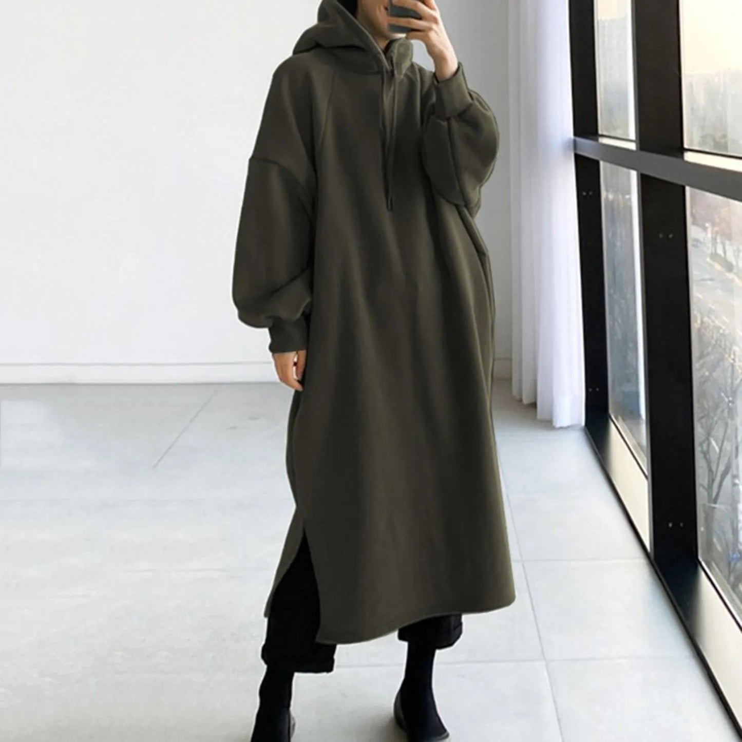 maoxiangshop New Fashion Hooded Sweatshirts Dress Women Casual Solid Long Sleeve Maxi Dresses Winter Clothes Vestidos Warm Robe Femme