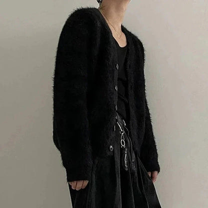 maoxiangshop Men Sweaters Solid Color Plush V Neck Long Sleeve Casual Cardigan Men Streetwear Fashion Leisure Knitted Outerwear