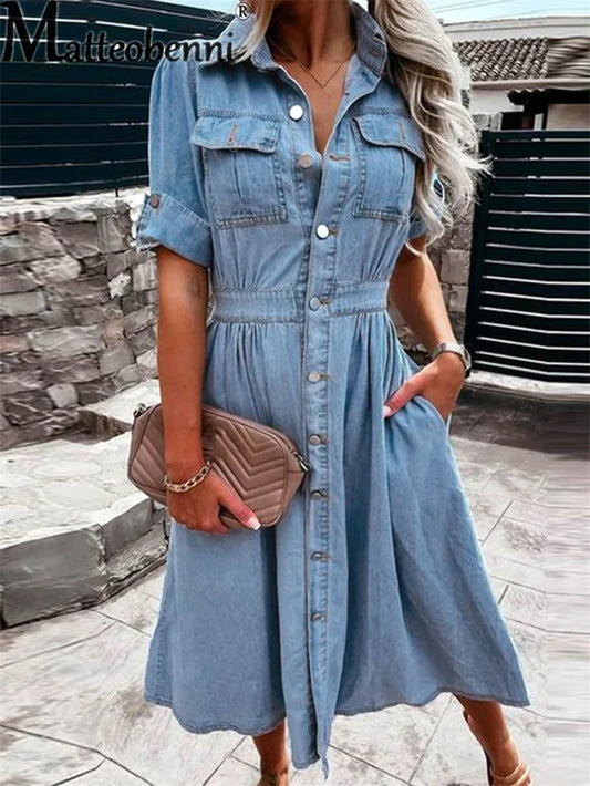 maoxiangshop Vintage Single-breasted Cardigan Dresses Women Chest Double Pocket Decoration Denim Dressy Female Elegant Comfortable Slim Gown