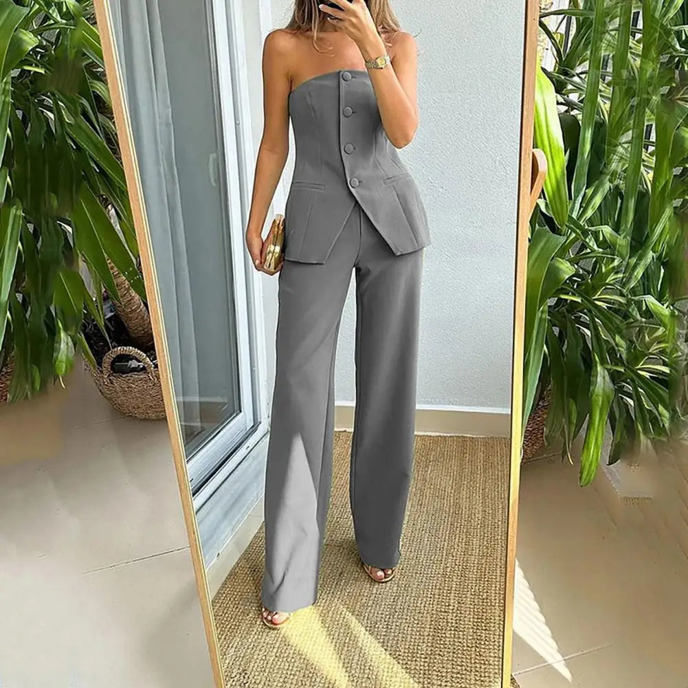 maoxiangshop Trousers Set Tube Top Trousers Set Elegant Bandeau Top High Waist Wide Leg Pants Set for Women Single Breasted Off for Office