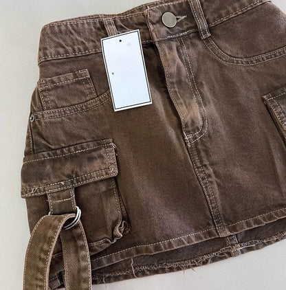Brown Mini Skir Vintage Goth Fashion Y2K Skirt Harajuku Multiple Pockets Casual Versatile Sexy Denim Skirts for Women Streetwear