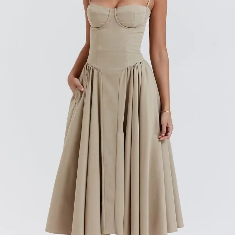 maoxiangshop Khaki Midi Dresses Elegant Chic Women Holiday Party Dress Vintage Sexy Pleated Sleeveless Casual Long Dress Backless