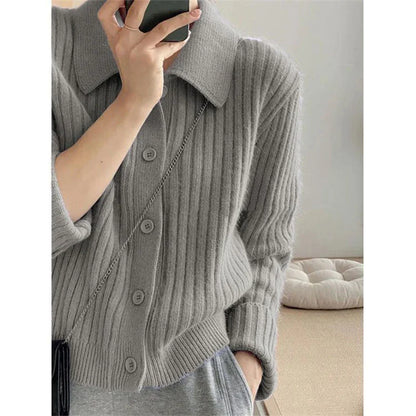 maoxiangshop Turn Down Knit Cardigan Women Autumn Winter Button Up Solid Color Sweater Coats Woman Long Sleeve Soft Cardigans Ladies