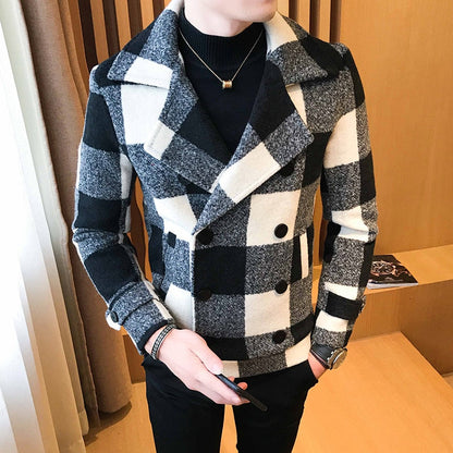 maoxiangshop Autumn Winter New Double-Breasted Windbreaker Slim Short Men Woolen Coat Fashion Retro Plaid Thick Casual Windbreaker Coat