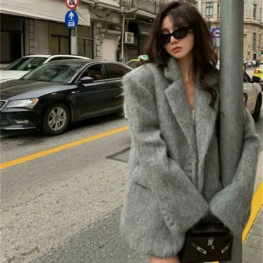 maoxiangshop  -  New Women's Collar Plush Jacket Elegant Loose Chic Coat Winter Thicken Fashion Office Ladies Warm Button Plush Jacket