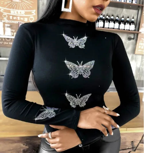 maoxiangshop New Womens Casual T-shirt Femme Fashion Butterfly Pattern Studded Long Sleeve Tops  Shirt XS-5XL