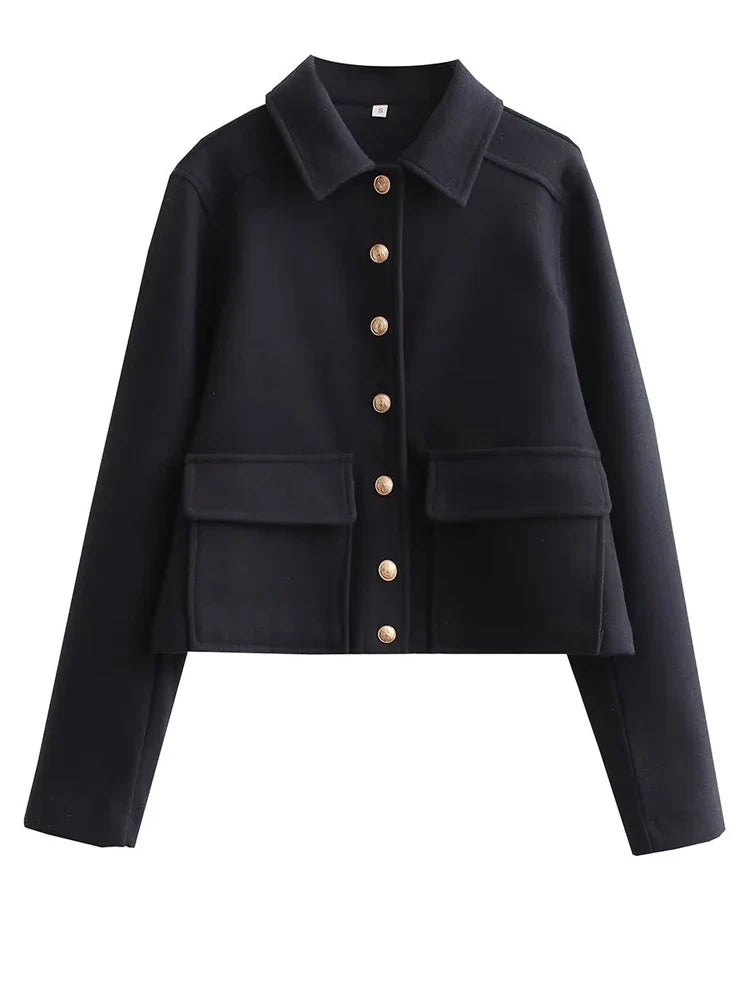 maoxiangshop Autumn Jacket Women Vintage Fashion Metal Button Cropped Coat Female Elegant Casual Long Sleeve Lapel Single Breasted Outerwear