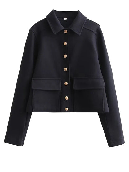 maoxiangshop Autumn Jacket Women Vintage Fashion Metal Button Cropped Coat Female Elegant Casual Long Sleeve Lapel Single Breasted Outerwear