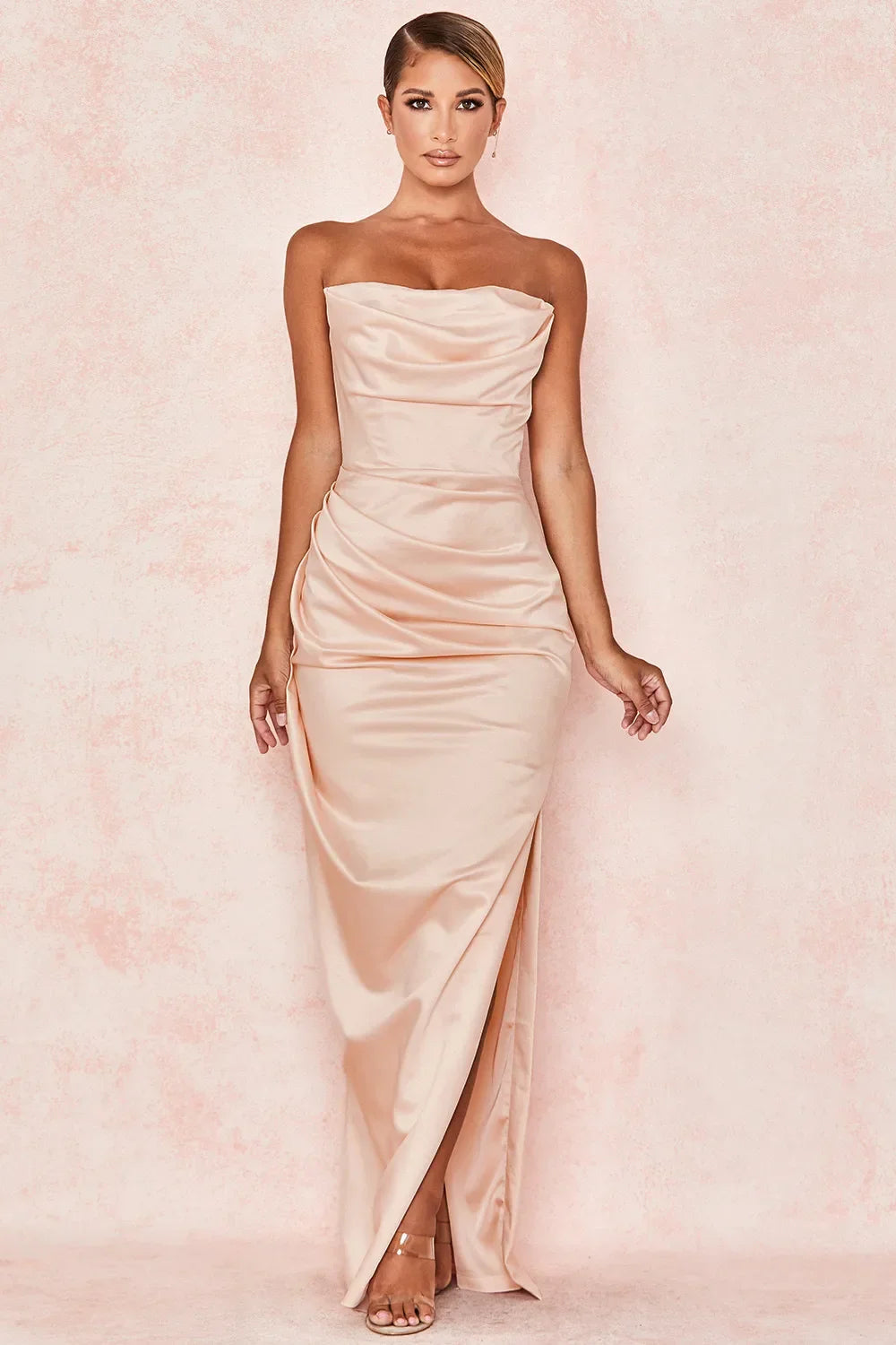 Elegant Satin Strapless Prom Dress Sexy Maxi Bodycon Celebrity Evening Party Dresses Black Formal Occasion Dress