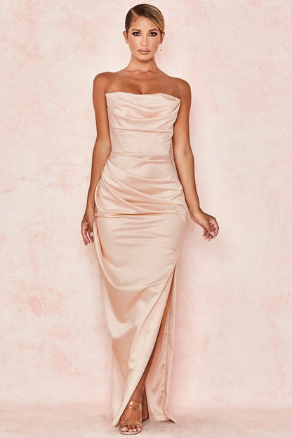 Elegant Satin Strapless Prom Dress Sexy Maxi Bodycon Celebrity Evening Party Dresses Black Formal Occasion Dress