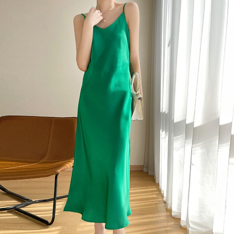 maoxiangshop Tri-Acetate Satin Silky V-Neck Temperament Female Summer Beautiful Silk Suspender Dress New Long Skirt Is Thin