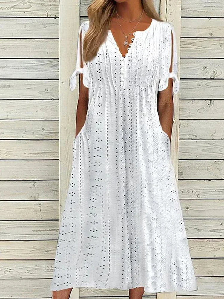 maoxiangshop Summer New Women's Dress With Hollow Out V-neck Lace Ruffles Chic Elegant Long Dresses Pullover High Waist White Beach Vestidos