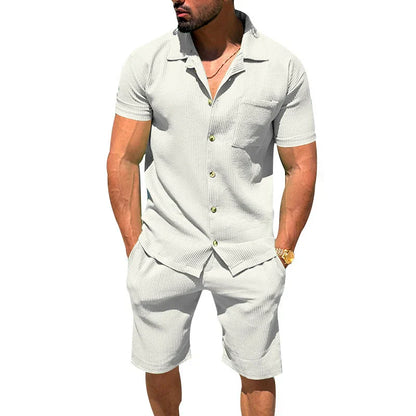 maoxiangshop Solid Color Texture Shirts And Shorts Mens Two Piece Sets Summer Casual Short Sleeve Buttoned Lapel Shirt Outfits Men Streetwear