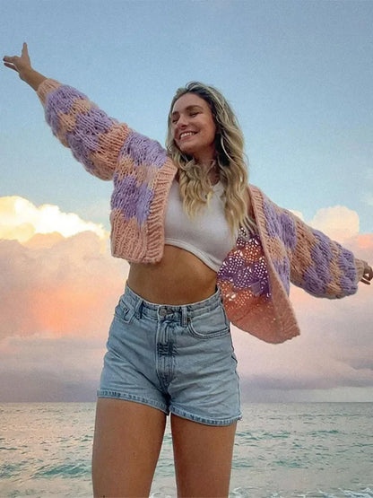 maoxiangshop  -  Color Blocking Knitted Cardigan For Women Casual Loose Long Sleeve Crop Sweater Female Streetwear Fashion Autumn Winter