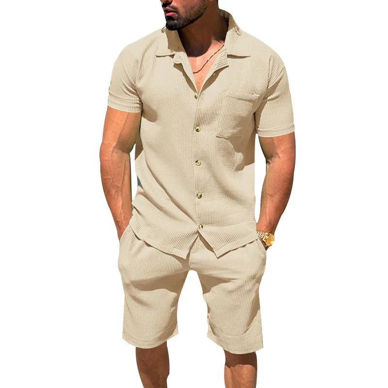 maoxiangshop Solid Color Texture Shirts And Shorts Mens Two Piece Sets Summer Casual Short Sleeve Buttoned Lapel Shirt Outfits Men Streetwear