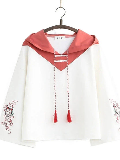 maoxiangshop Japanese Harakuju Embroidery Cotton Hooded Sweatshirt Women Summer Vintage Hoodies Korean Female Basic Pullover Top