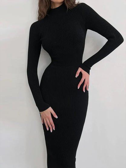 maoxiangshop Knitted Turtleneck Dress Women Autumn Winter Long Sleeve Bodycon Midi Dresses Female Elegant Fashion Solid Color Skinny Dress