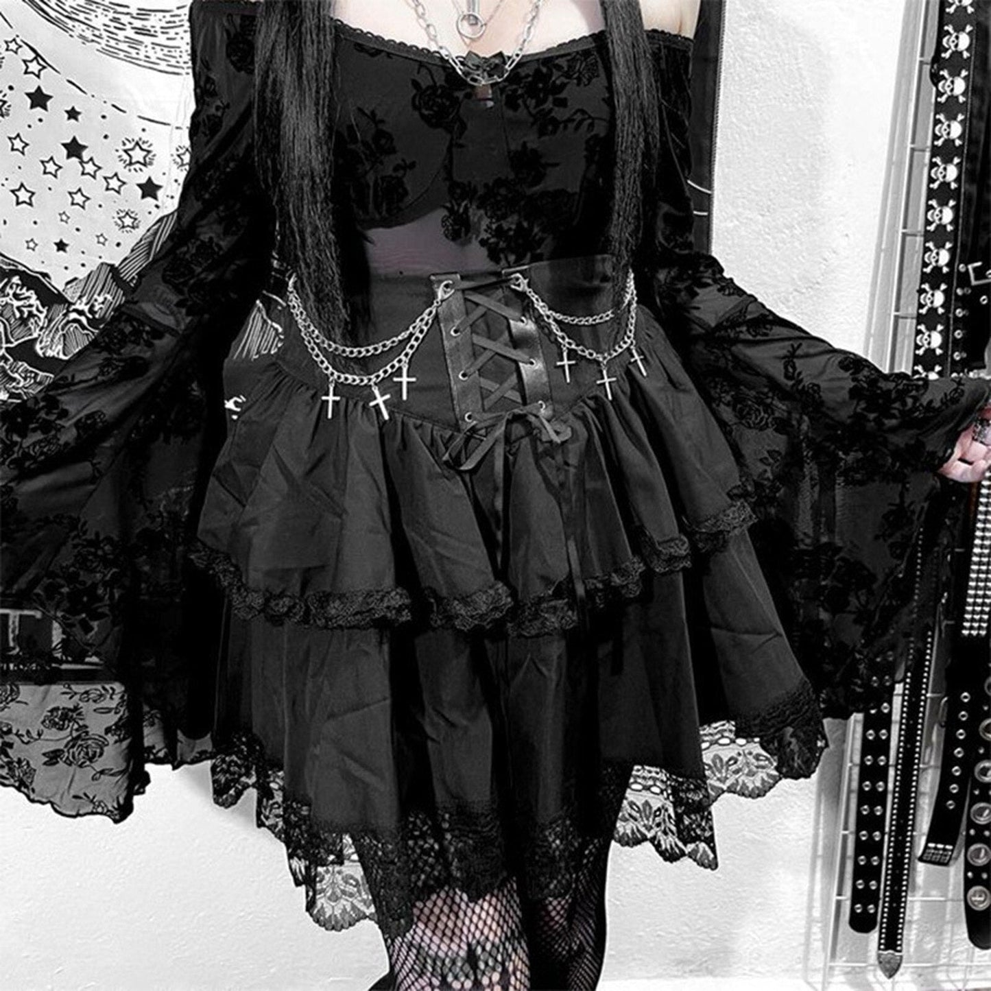 maoxiangshop Medieval Goth Black Pleated Mini Skirts Lolita Aesthetic Skirt Women's High Waist Lace Trim Gothic Skater Skirt Halloween Outfit