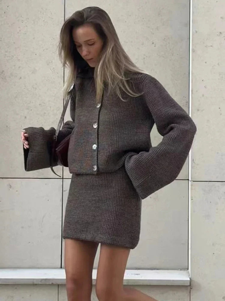 maoxiangshop  -  Women's Knitted Suit Lapel Flare Sleeve Cardigan Skirt Autumn Winter New Fashion Solid Slim Female Sweater Two Piece Sets