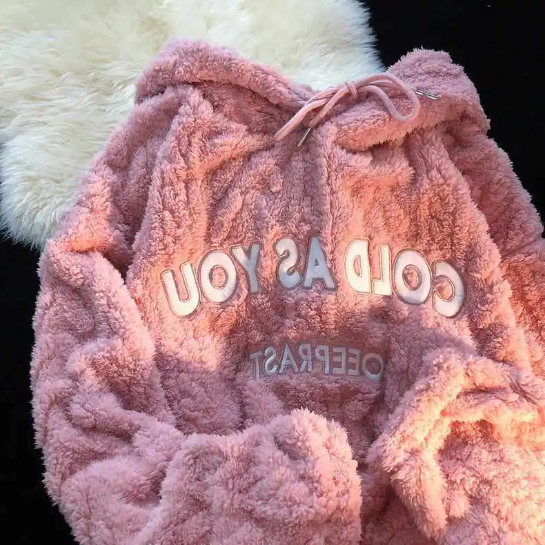 maoxiangshop Autumn And Winter Warm Hooded Top Student Coral Fleece Embroidered Oversized Hoodie Casual Sweatshirt For Women Kawaii Clothes