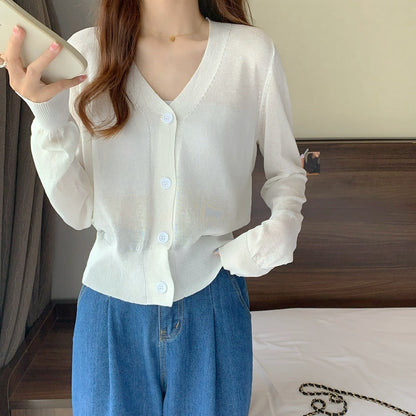 maoxiangshop Summer V Neck Cardigan Women Casual Transparent Sweater Shirts Lady Simple Thin Solid Outwear Female Crop Top