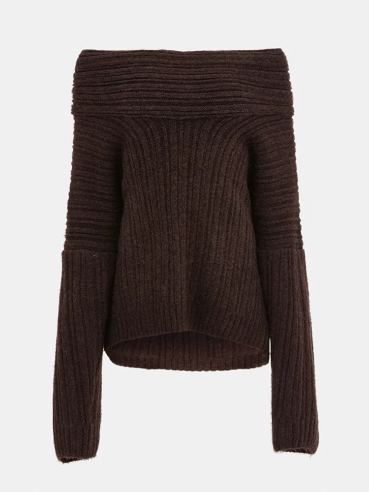 maoxiangshop -  Rib Knit Off Shoulder Pullover For Women Fashion Long Sleeved White Warm Knitwear Sweater Autumn Chic Female Street Jumper