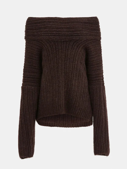 maoxiangshop -  Rib Knit Off Shoulder Pullover For Women Fashion Long Sleeved White Warm Knitwear Sweater Autumn Chic Female Street Jumper