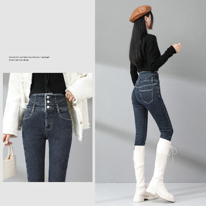 maoxiangshop Winter New Fleece High Waist Jeans for Women Classic Black Stretch Thickened Warm Slim Plush Velvet Pencil Denim Trousers