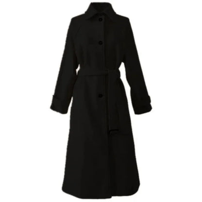 maoxiangshop Winter Korean Women Faux Woolen Coats Fashion Elegant Solid Belt Thickening Long Jacket Female Loose All Match Blends Outwear