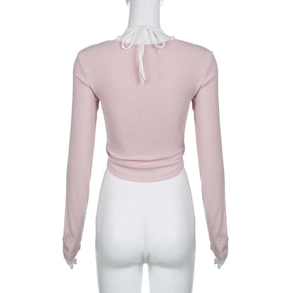 Sweet Lace Crop Top Knitted Lace Up Ruffles Y2K T Shirt Cute Fairycore Full Sleeve Tee Korean Chic T-Shirts 2000s Streetwear
