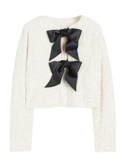 Sequins Sparkling Bow Jackets Women Shiny Evening Christmas Short Coats Female Elegant Long Sleeve Chic Partywear Tops 2023
