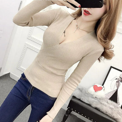 maoxiangshop Sexy Deep V Neck Sweater Women New Womens Clothing Slim Bottoming Large Elastic Knitwear Rib Cotton Long Sleeve Top Jerseys