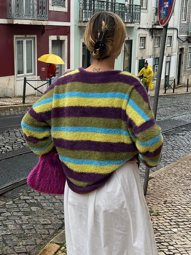 maoxiangshop -  Fashion Colorful Mohair Striped Sweater Women O Neck Long Sleeve Loose Knitted Pullover Winter Lady Soft Street Warm Jumper