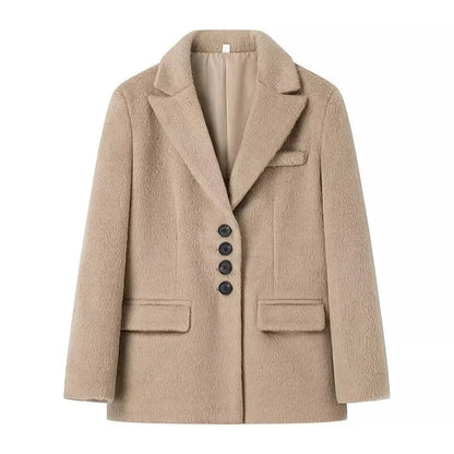 maoxiangshop  -  New Women's Collar Plush Jacket Elegant Loose Chic Coat Winter Thicken Fashion Office Ladies Warm Button Plush Jacket